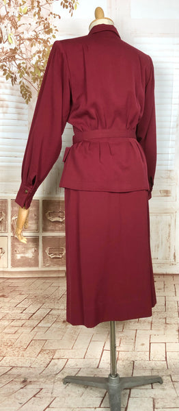 Exceptional 1940s Burgundy Red Gabardine Belted Skirt Suit By Gilbert Original