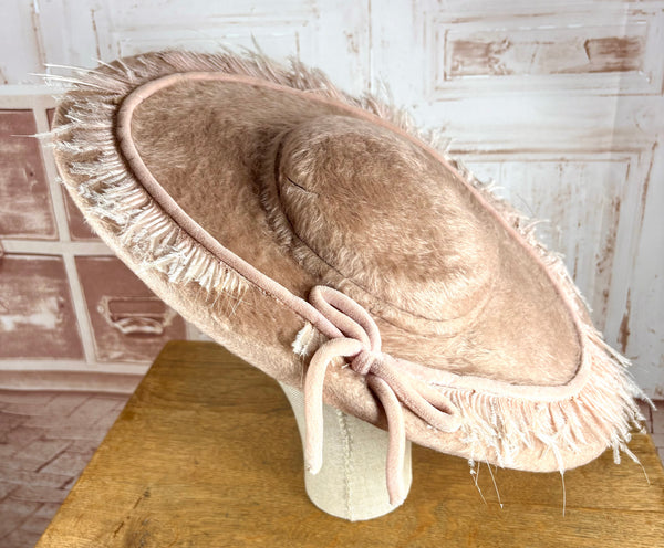 Huge Pale Pink Early 1950s Platter Hat With Feather Trim