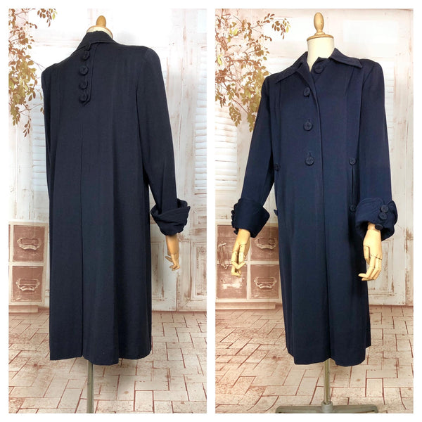 Exquisite Original 1940s Volup Vintage Navy Blue Swing Coat With Beautiful Button Details