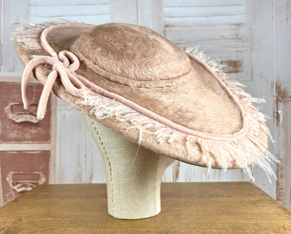 Huge Pale Pink Early 1950s Platter Hat With Feather Trim
