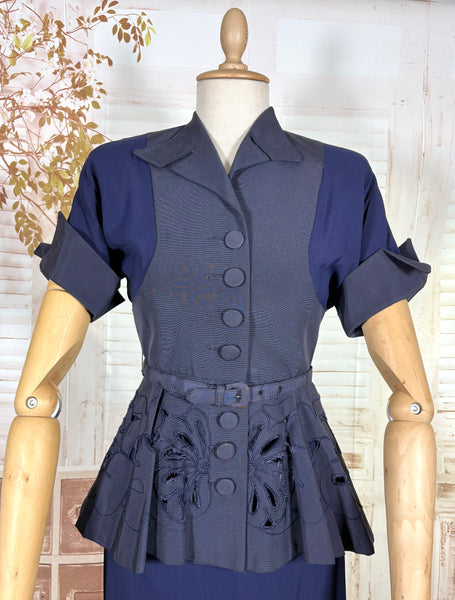 Exceptional 1940s Navy Blue Summer Suit With Pierced Peplum