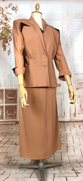 Incredible Original 1940s Volup Dress Suit In Tan With Chocolate Brown Accents
