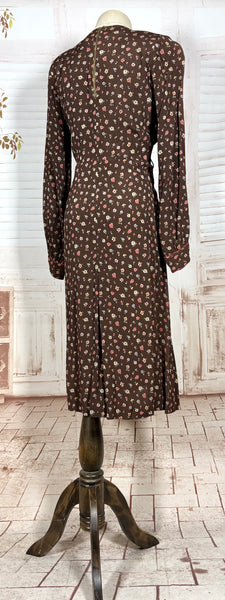 1930s Chocolate Brown Floral Crepe Dress with Pointed Cuffs