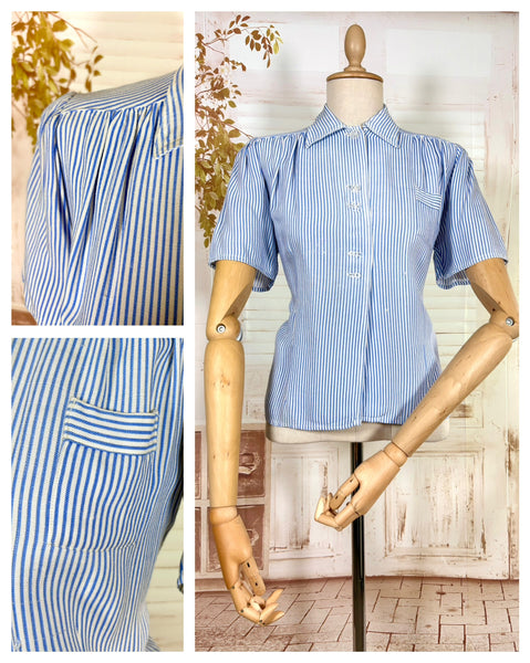 1940s Volup Blue & White Striped Blouse – Gathered Shoulders & Cross-Cut Patch Pocket