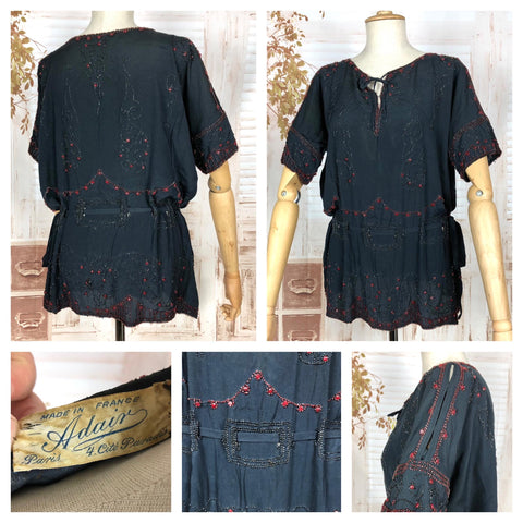 Exceptionally Rare Original 1920s Volup Navy Blue Flapper Blouse With Red Beading By French Couturier Adair House Of France