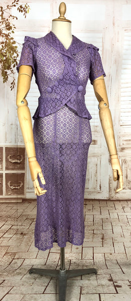 LAYAWAY PAYMENT 2 OF 2 - RESERVED FOR AISHA - PLEASE DO NOT PURCHASE - Exceptional Original 1930s Vintage Lilac Lace Peplum Suit