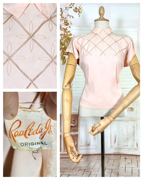 1940s Blush Pink Rayon Crepe Blouse – Lattice Openwork & Petal Embroidery