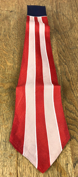 1940s Red Pink & White Bold Stripe American Rayon Swing Tie with Navy Neck
