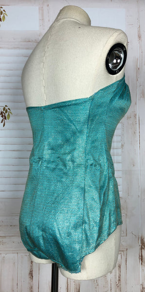 Incredible Original 1950s Turquoise And Hold Lurex Swimsuit Playsuit