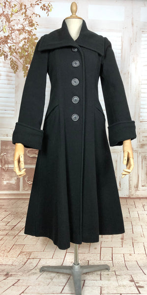 Beautiful Original 1970s Does 1940s Classic Black Princess Coat With Oversized Collar By Joseph Magnin