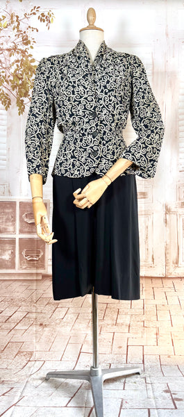 1940s Dress Suit – Scroll Print Jacket with Red Shoulder Stripe Dress