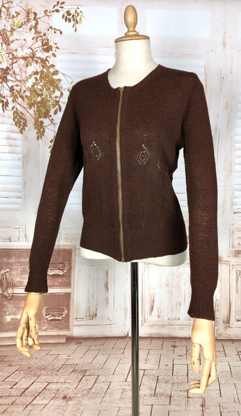 Wonderful Original 1930s Volup Vintage Chocolate Brown Lace Knit Cardigan