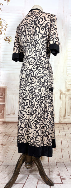 Fabulous 1930s Black And Cream Swirl Pattern Rayon Jersey Dress