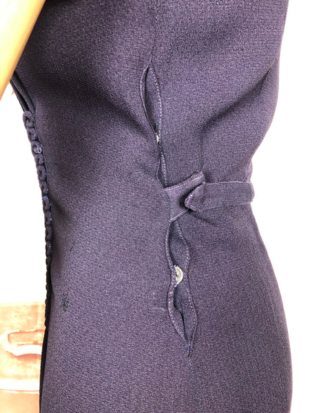 Fabulous Navy 1930s Dress With Puff Sleeves And Rouleau Trim