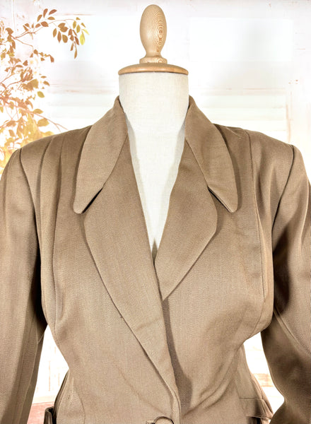 1940s Brown Gabardine Skirt Suit With Pocket Details