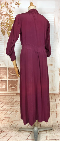 Rare Volup 1930s Burgundy Rayon Dress With Lace Accents And Bishop Sleeves