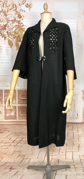 Elegant 1940s Volup Black Crepe Lightweight Coat With Lattice Detailing And Statement Buckle