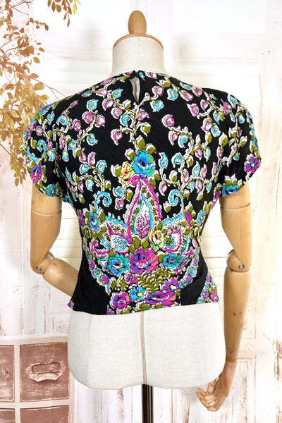 1940s Blouse – Bold Paisley & Floral Print in Magenta, Turquoise & Olive