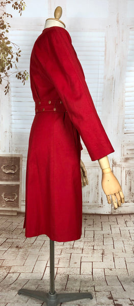 Exceptional Original 1940s Lipstick Red Coat By Gleneagles With Gold Studded Belt