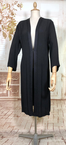 Classic Lightweight 1930s Black Crepe Coat With Soutache Trim