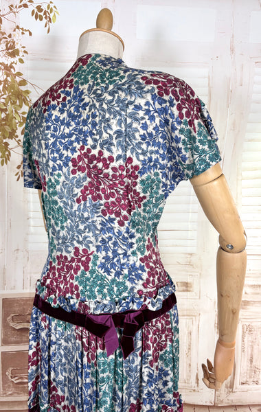Late 1930s / Early 1940s Tiered Floral Day Dress with Velvet Trim