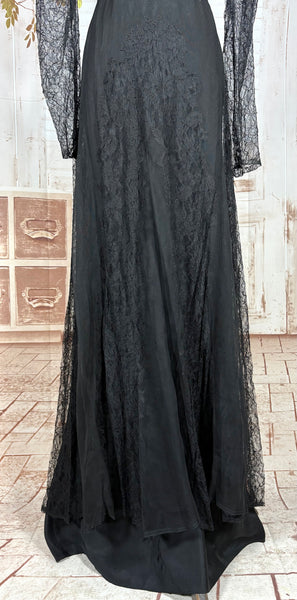 1930s Black Lace Evening Gown with Statement Buckle Detail - Femme Fatale