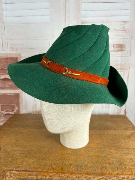 Super Rare Forest Green 1940s Fedora Hat With Red Suede Band