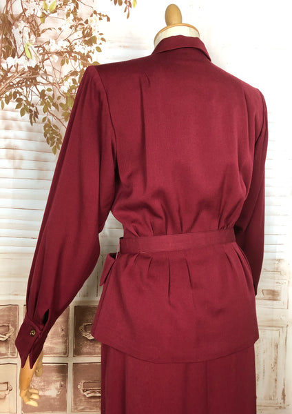 Exceptional 1940s Burgundy Red Gabardine Belted Skirt Suit By Gilbert Original