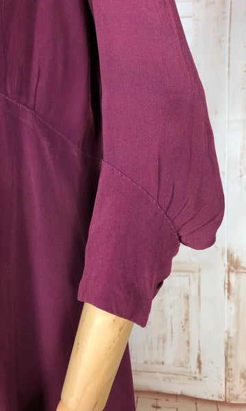 Rare Volup 1930s Burgundy Rayon Dress With Lace Accents And Bishop Sleeves