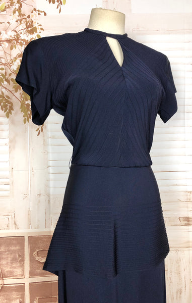 Amazing Original 1940s Vintage Navy Blue Peplum Dress With Incredible Pin Tuck Details