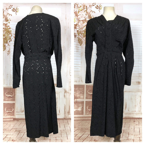 Beautiful Original 1940s Vintage Asymmetric Black Pierced Lace Dress