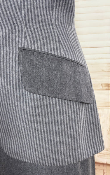 Sharply Tailored 1940s Grey Pinstripe Skirt Suit with Contrast Lapels