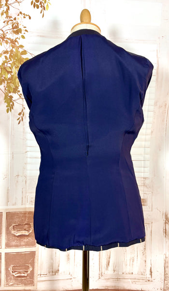 1940s Navy Wool Tailored Jacket – Woven Cream Rope Pattern, Shawl Collar