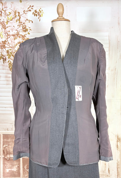 Sharply Tailored 1940s Grey Pinstripe Skirt Suit with Contrast Lapels