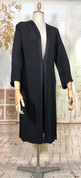 Classic Lightweight 1930s Black Crepe Coat With Soutache Trim