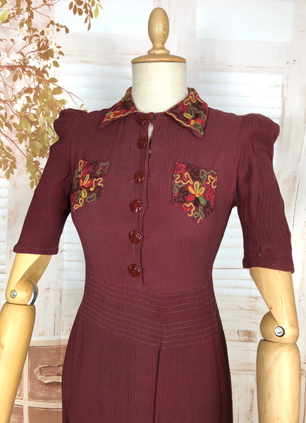 Amazing 1930s Burgundy Crepe Dress With Puff Sleeves And Colourful Crewel Embroidery