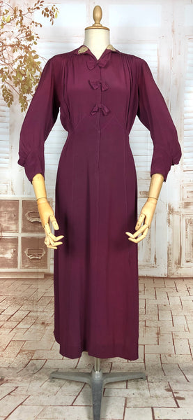 Rare Volup 1930s Burgundy Rayon Dress With Lace Accents And Bishop Sleeves
