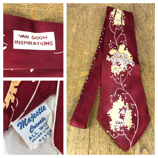 Original 1940s American Red Dutch Tourist Inspired Rayon Swing Tie Made From Van Gough Inspirations Fabric By Majestic Cravats