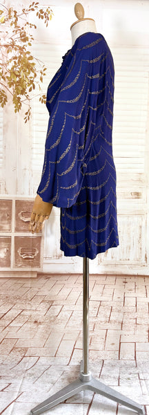 1930s Royal Blue Gold Lamé Chevron Coat | Statement Sleeve Antique Evening Coat