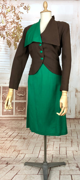 Stunning Original 1940s Vintage Green And Brown Colour Block Suit