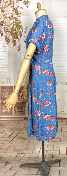 Gorgeous Original 1940s Vintage Sky Blue And Pink Magnolia Flower Print Day Dress