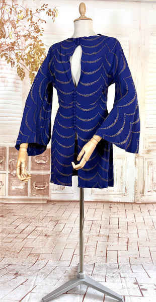 1930s Royal Blue Gold Lamé Chevron Coat | Statement Sleeve Antique Evening Coat