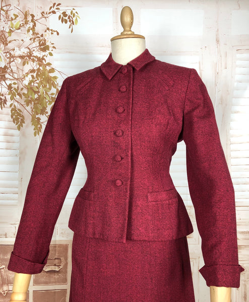 Striking Red Tweed 1940s Vintage Skirt Suit