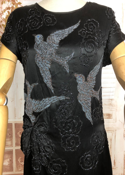 Exceptional Original 1920s Vintage Silk Satin Flapper Dress With Beaded Swallows