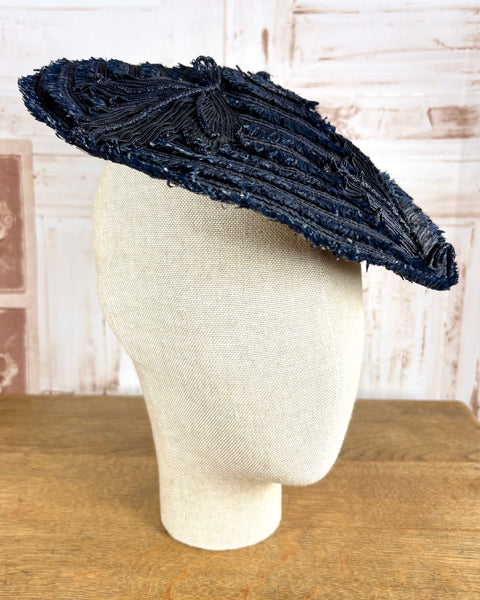 Navy Blue 1940s Straw Percher Hat With Matching Hat Pins