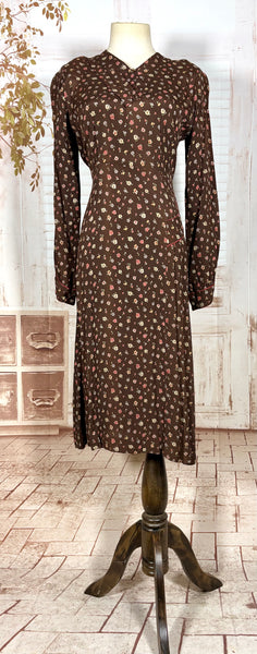 1930s Chocolate Brown Floral Crepe Dress with Pointed Cuffs