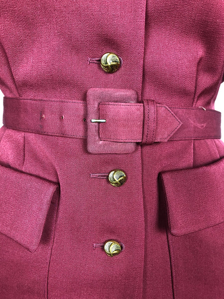 Exceptional 1940s Burgundy Red Gabardine Belted Skirt Suit By Gilbert Original