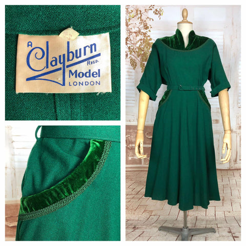 Stunning Emerald Green Volup Late 1940s / Early 1950s Wool Dress