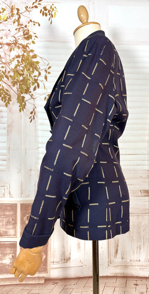 1940s Navy Wool Tailored Jacket – Woven Cream Rope Pattern, Shawl Collar