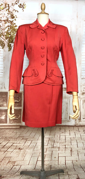 Incredible Original 1940s Vintage Coral Red Gabardine Skirt Suit By Jaunty Juniors